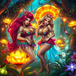 An enchanting scene of a vibrant fantasy world, featuring voluptuous characters with colorful, intricate outfits, surrounded by a lush, magical forest filled with glowing plants and ethereal creatures