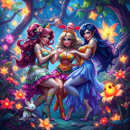 An enchanting scene of a vibrant fantasy world, featuring voluptuous characters with colorful, intricate outfits, surrounded by a lush, magical forest filled with glowing plants and ethereal creatures