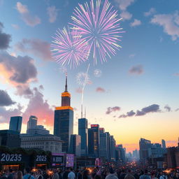 A vibrant city skyline at dawn welcoming the New Year 2025, beautifully lit with fireworks exploding in the sky, colorful bursts of reds, blues, and golds illuminating the early morning atmosphere