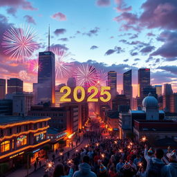 A vibrant city skyline at dawn welcoming the New Year 2025, beautifully lit with fireworks exploding in the sky, colorful bursts of reds, blues, and golds illuminating the early morning atmosphere