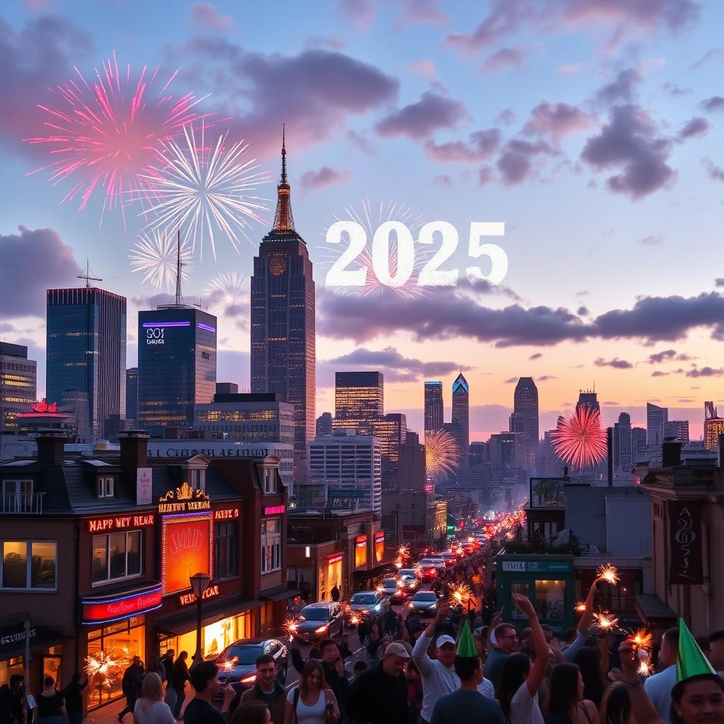 A vibrant city skyline at dawn welcoming the New Year 2025, beautifully lit with fireworks exploding in the sky, colorful bursts of reds, blues, and golds illuminating the early morning atmosphere