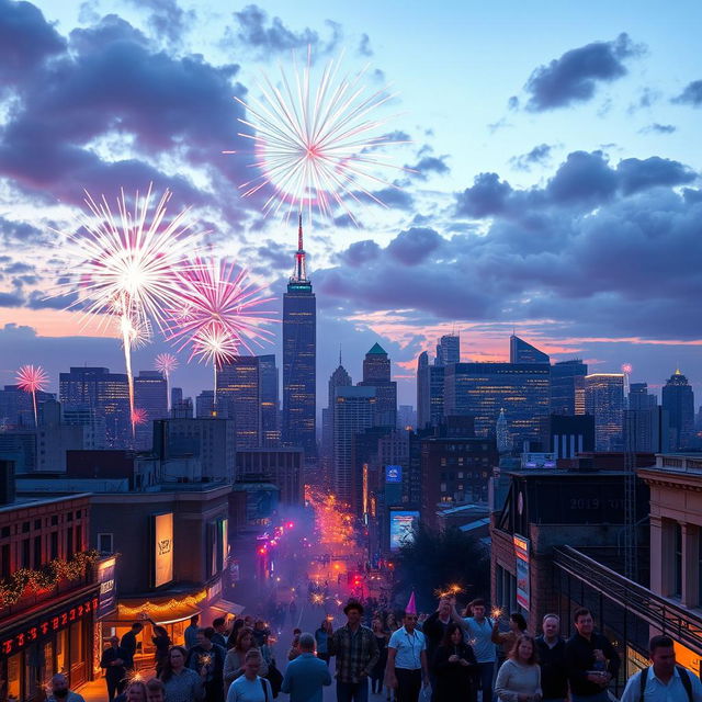 A vibrant city skyline at dawn welcoming the New Year 2025, beautifully lit with fireworks exploding in the sky, colorful bursts of reds, blues, and golds illuminating the early morning atmosphere