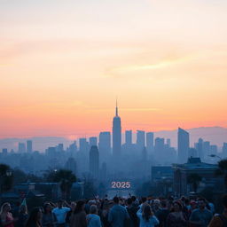 A breathtaking scene depicting dawn on New Year's Day 2025, showcasing a city skyline silhouetted against a pastel sky as the first light of day breaks