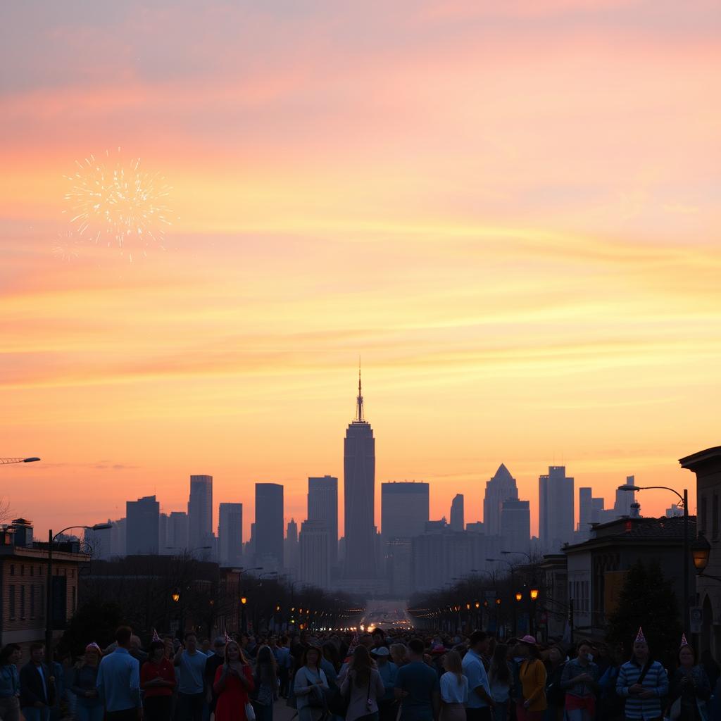 A breathtaking scene depicting dawn on New Year's Day 2025, showcasing a city skyline silhouetted against a pastel sky as the first light of day breaks