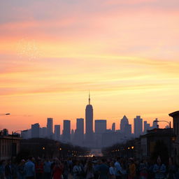 A breathtaking scene depicting dawn on New Year's Day 2025, showcasing a city skyline silhouetted against a pastel sky as the first light of day breaks