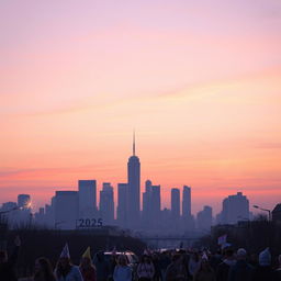 A breathtaking scene depicting dawn on New Year's Day 2025, showcasing a city skyline silhouetted against a pastel sky as the first light of day breaks