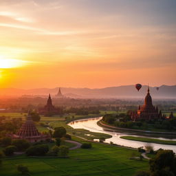 A serene landscape of Myanmar featuring the iconic temples of Bagan during sunset, with golden light illuminating the ancient pagodas and lush green fields in the foreground