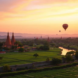 A serene landscape of Myanmar featuring the iconic temples of Bagan during sunset, with golden light illuminating the ancient pagodas and lush green fields in the foreground