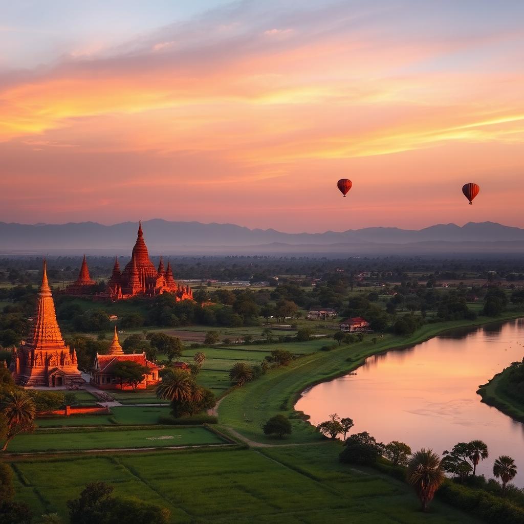 A serene landscape of Myanmar featuring the iconic temples of Bagan during sunset, with golden light illuminating the ancient pagodas and lush green fields in the foreground