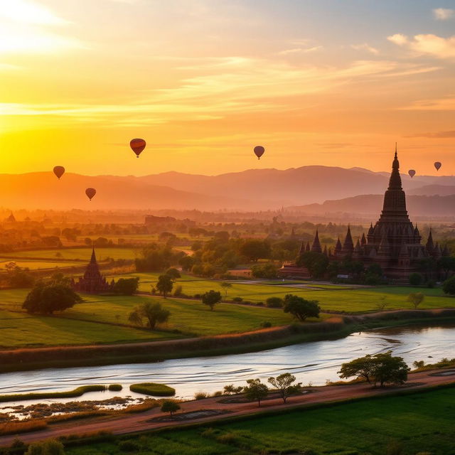 A serene landscape of Myanmar featuring the iconic temples of Bagan during sunset, with golden light illuminating the ancient pagodas and lush green fields in the foreground