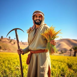 A medieval Arabian farmer stands in a lush, fertile field, looking directly near the camera with a warm, inviting smile