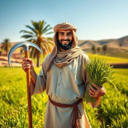 A medieval Arabian farmer stands in a lush, fertile field, looking directly near the camera with a warm, inviting smile