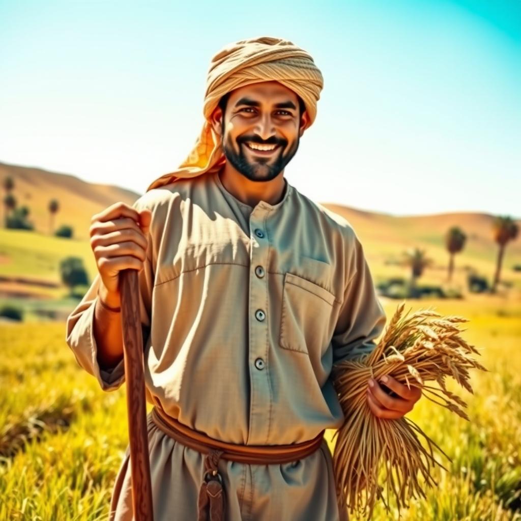 A medieval Arabian farmer stands in a lush, fertile field, looking directly near the camera with a warm, inviting smile