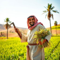 A medieval Arabian farmer stands in a lush, fertile field, looking directly near the camera with a warm, inviting smile