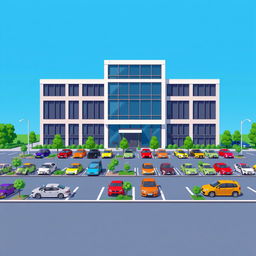 An engaging pixel art scene featuring a five-story corporate building, designed with a modern aesthetic, characterized by large windows and a sleek facade