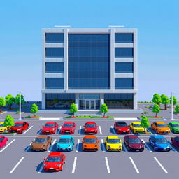 An engaging pixel art scene featuring a five-story corporate building, designed with a modern aesthetic, characterized by large windows and a sleek facade