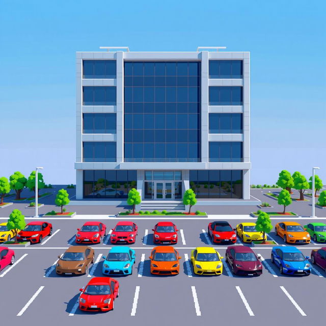 An engaging pixel art scene featuring a five-story corporate building, designed with a modern aesthetic, characterized by large windows and a sleek facade