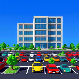 An engaging pixel art scene featuring a five-story corporate building, designed with a modern aesthetic, characterized by large windows and a sleek facade