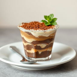 A delicious tiramisu presented in a tiny horizontally wide transparent dessert plastic cup