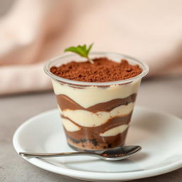 A delicious tiramisu presented in a tiny horizontally wide transparent dessert plastic cup