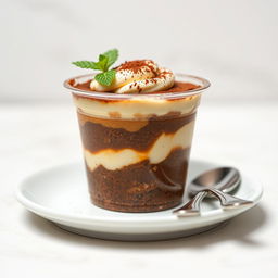 A delicious tiramisu presented in a tiny horizontally wide transparent dessert plastic cup