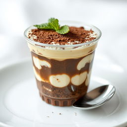 A delicious tiramisu presented in a tiny horizontally wide transparent dessert plastic cup