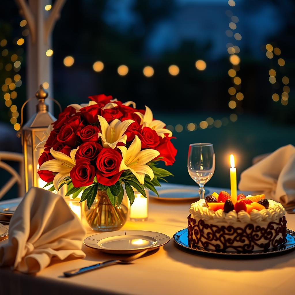 A beautifully crafted birthday surprise for a husband, featuring a romantic candlelit dinner setting outdoors