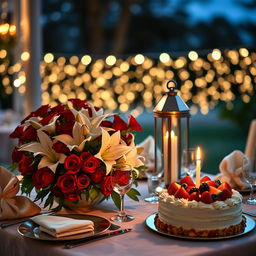 A beautifully crafted birthday surprise for a husband, featuring a romantic candlelit dinner setting outdoors