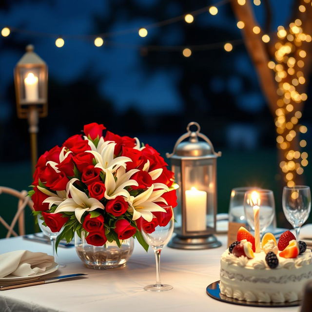 A beautifully crafted birthday surprise for a husband, featuring a romantic candlelit dinner setting outdoors