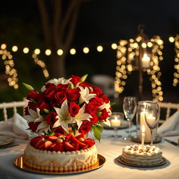 A beautifully crafted birthday surprise for a husband, featuring a romantic candlelit dinner setting outdoors