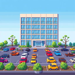 A delightful pixel art scene featuring a five-story corporate building designed with sleek lines and expansive glass windows