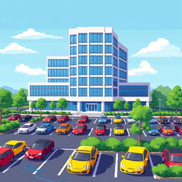 A delightful pixel art scene featuring a five-story corporate building designed with sleek lines and expansive glass windows