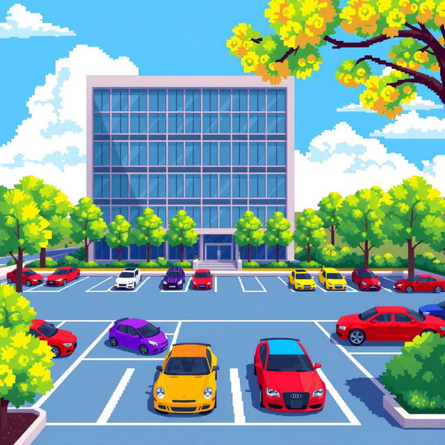 A delightful pixel art scene featuring a five-story corporate building designed with sleek lines and expansive glass windows