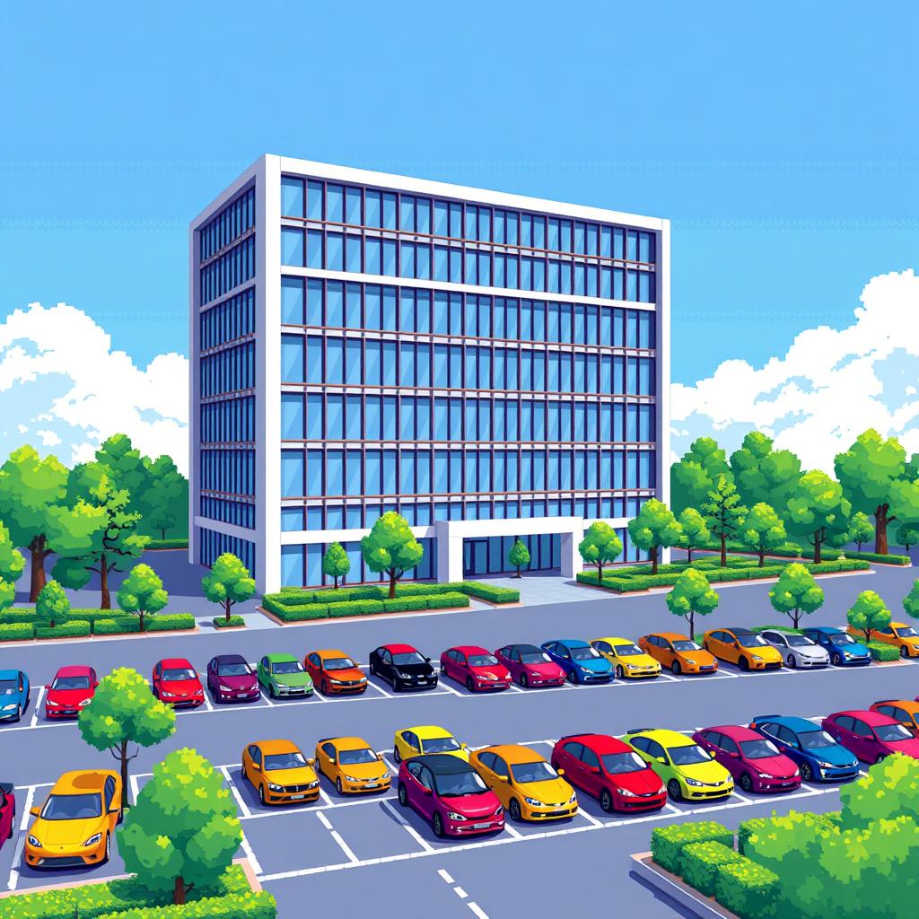 A delightful pixel art scene featuring a five-story corporate building designed with sleek lines and expansive glass windows