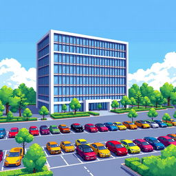 A delightful pixel art scene featuring a five-story corporate building designed with sleek lines and expansive glass windows