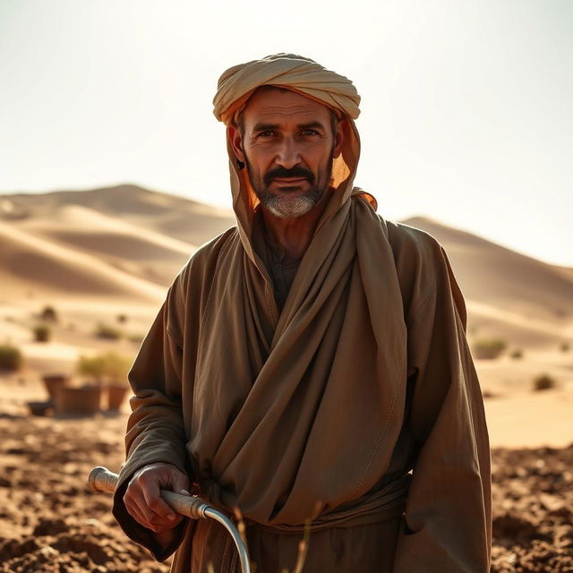 A medieval Arabian farmer stands in a sun-drenched desert landscape, looking directly near the camera with a determined expression