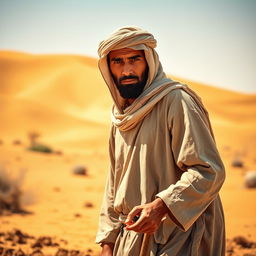 A medieval Arabian farmer stands in a sun-drenched desert landscape, looking directly near the camera with a determined expression