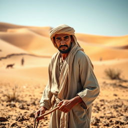 A medieval Arabian farmer stands in a sun-drenched desert landscape, looking directly near the camera with a determined expression