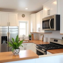 Kitchen renovation with white cabinets and wooden countertop, featuring sleek stainless steel appliances, including a refrigerator, stovetop, and microwave