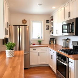 Kitchen renovation with white cabinets and wooden countertop, featuring sleek stainless steel appliances, including a refrigerator, stovetop, and microwave