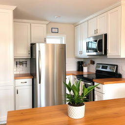 Kitchen renovation with white cabinets and wooden countertop, featuring sleek stainless steel appliances, including a refrigerator, stovetop, and microwave