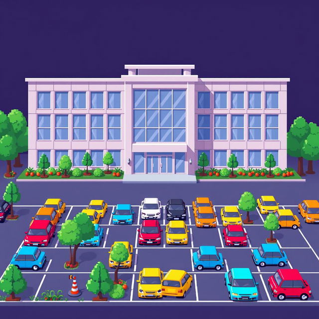 A lively pixel art scene depicting a corporate building characterized by a clean and modern design