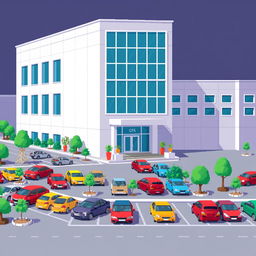 A lively pixel art scene depicting a corporate building characterized by a clean and modern design