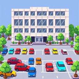 A lively pixel art scene depicting a corporate building characterized by a clean and modern design