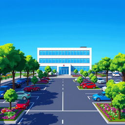 A captivating pixel art scene showcasing a corporate building, designed in a contemporary style with large windows and a minimalistic entrance