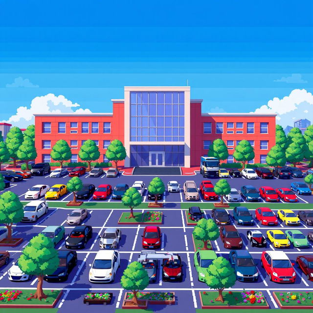 A captivating pixel art scene showcasing a corporate building, designed in a contemporary style with large windows and a minimalistic entrance