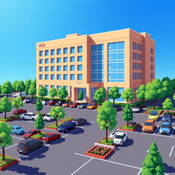 A captivating pixel art scene showcasing a corporate building, designed in a contemporary style with large windows and a minimalistic entrance