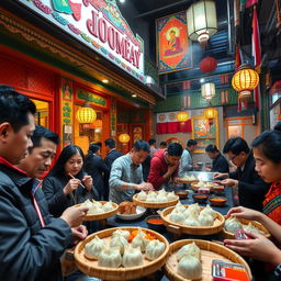 A vibrant and inviting fast-casual restaurant scene featuring a momo outlet with a distinct Nepalese touch