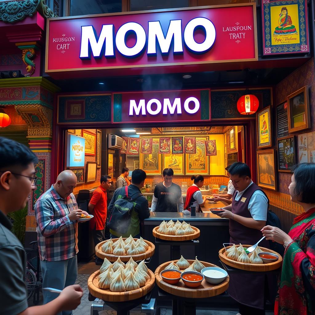 A vibrant and inviting fast-casual restaurant scene featuring a momo outlet with a distinct Nepalese touch
