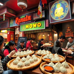 A vibrant and inviting fast-casual restaurant scene featuring a momo outlet with a distinct Nepalese touch